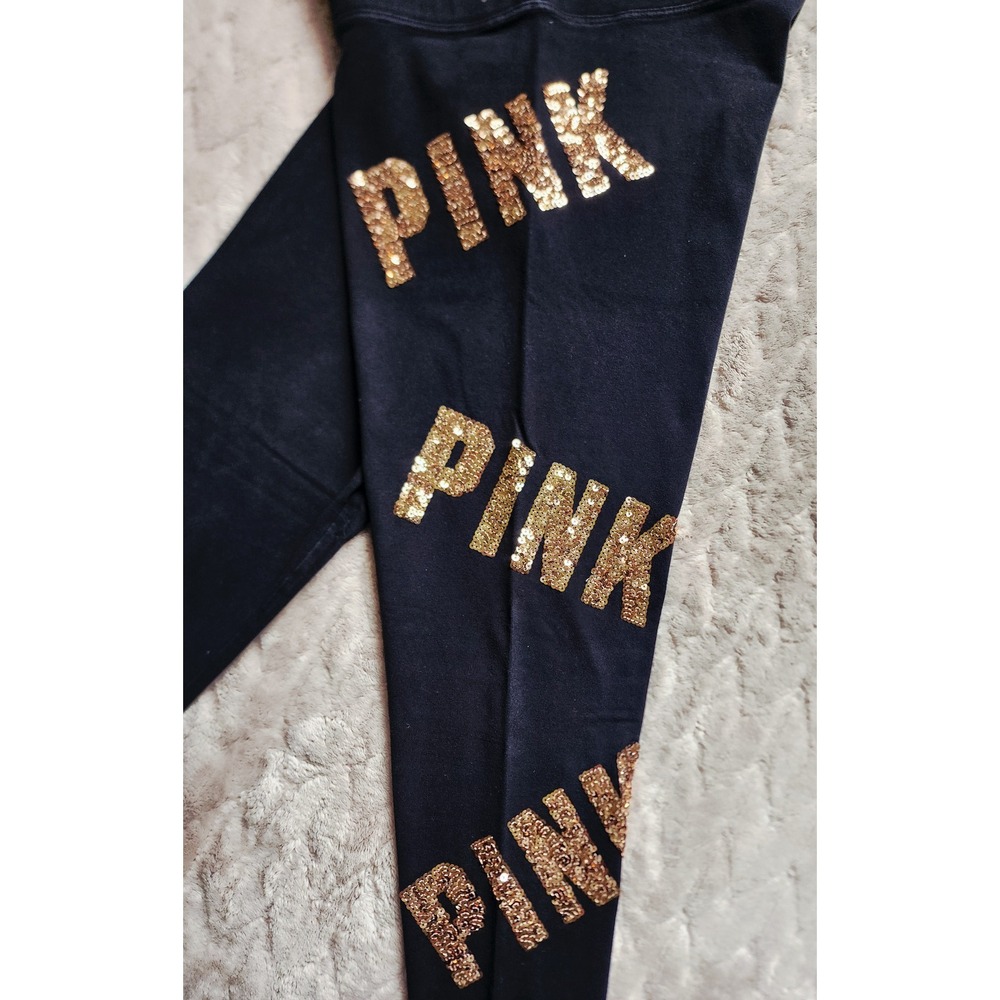 Victoria's Secret PINK Yoga Leggings Black Rose Gold Sequin Logo Medium